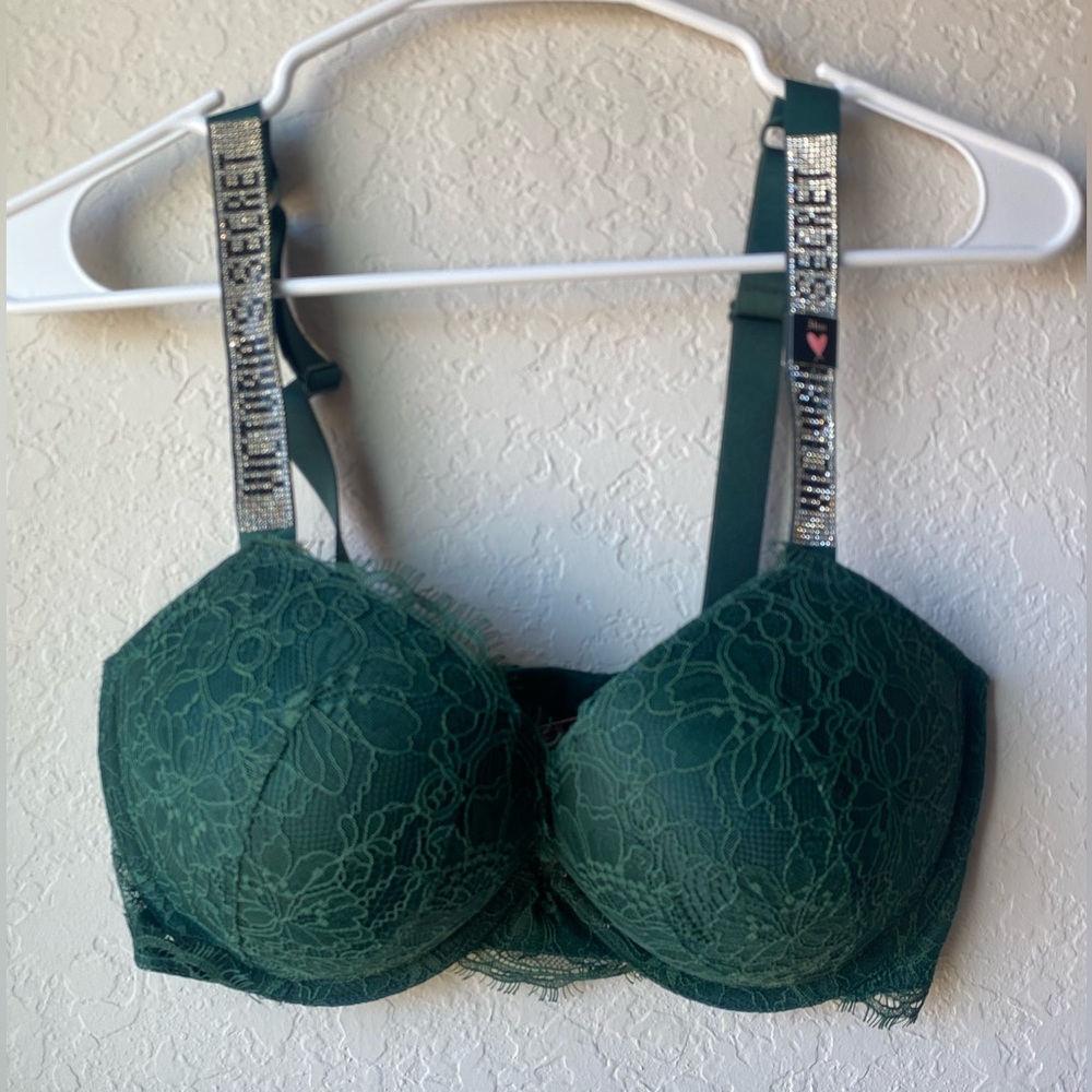 Victorias Secret Very Sexy Lace Shine Strap Push-Up Bra in Forest Green 34DD New - Picture 3 of 9